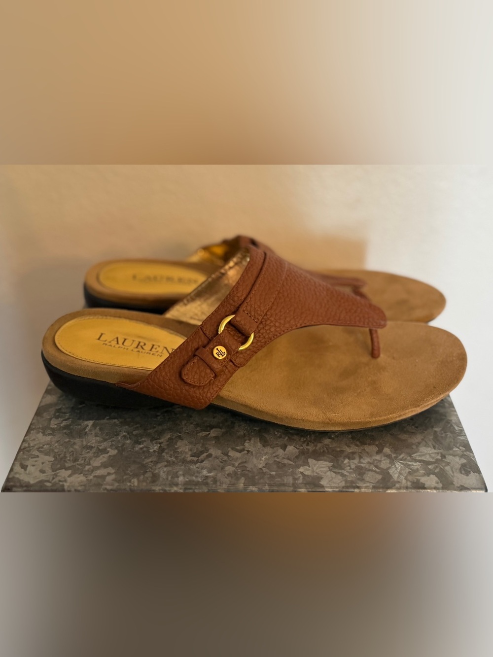 Lauren Ralph Lauren Brown Leather Thong Sandals with Gold Accent, Size 8